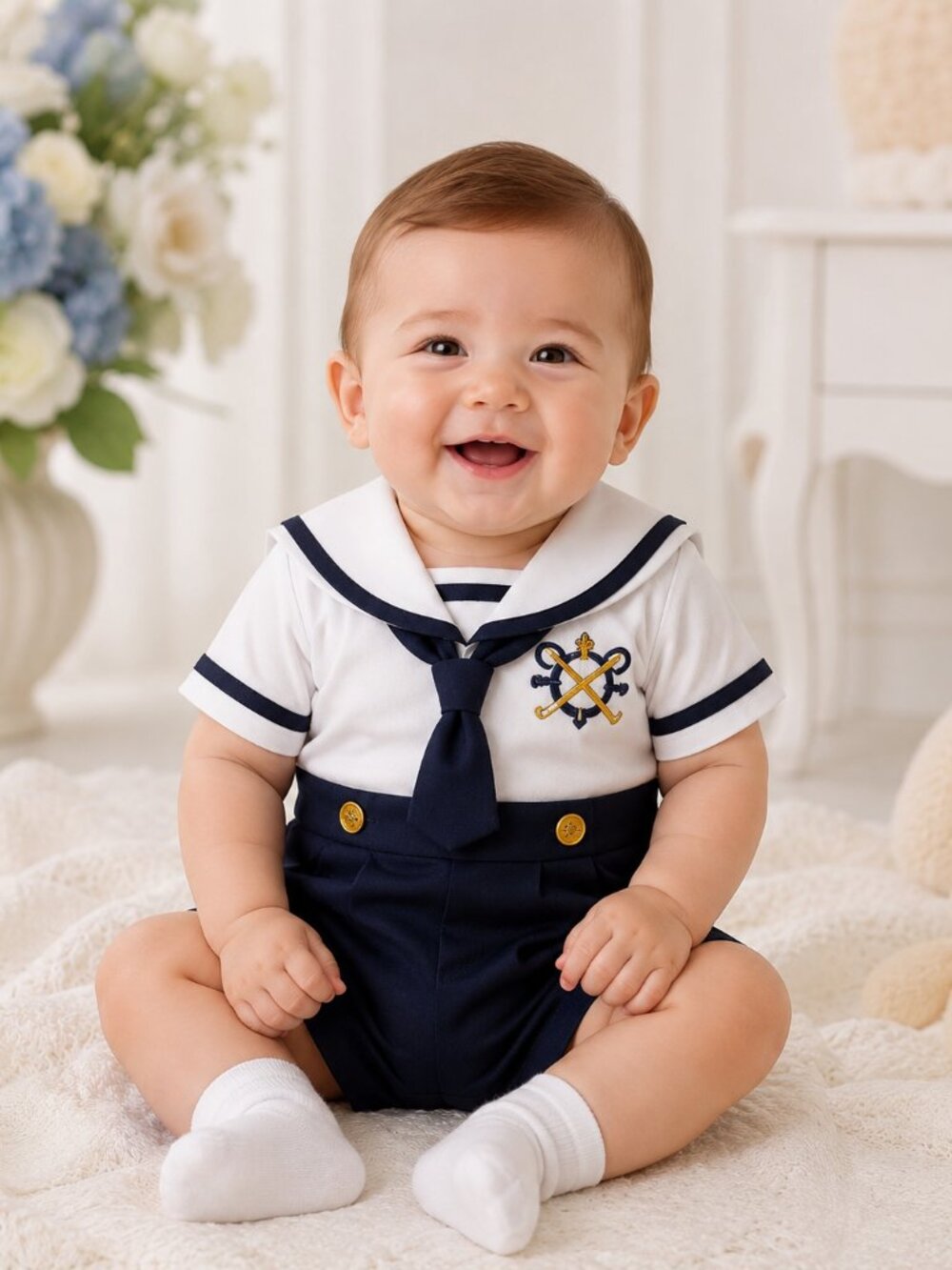 Matt’s Scooter Baby Boy Sailor Romper Navy White 3-6 Months NWT Nautical